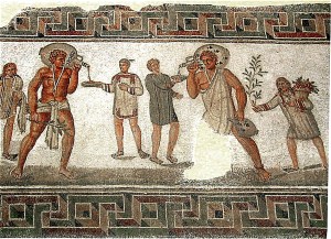 Dougga, Tunisia: Roman mosaic with slaves carrying wine jars
